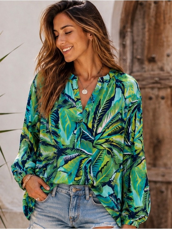 Caribbean Joe Tops - Caribbean Joe Island Supply Co. size Large tropical long-sleeve blouse,